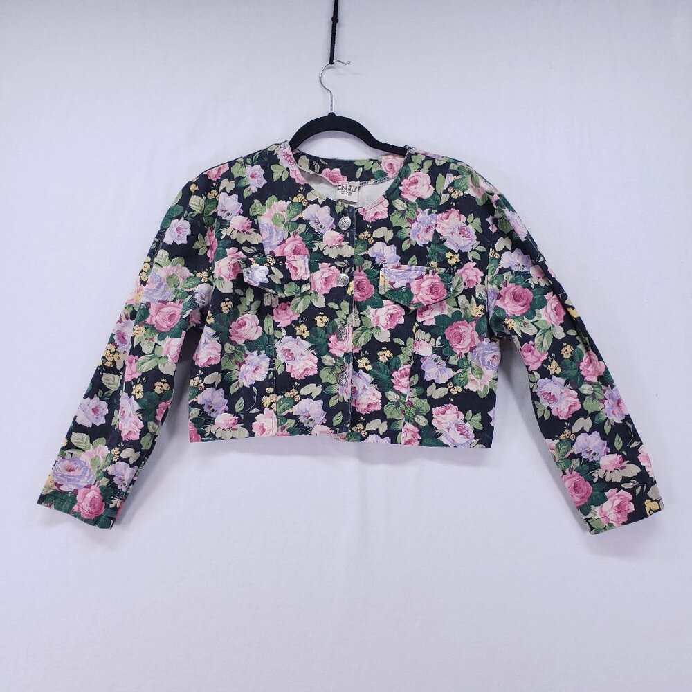 Celly Fashion Jacket Size Large Denim Floral Cropped Button Retro Vintage
